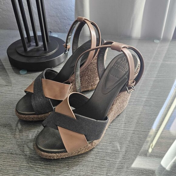 Brunello Cucinelli Leather Wedge Sandal Size 39 US 8.5 9 - Picture 9 of 10